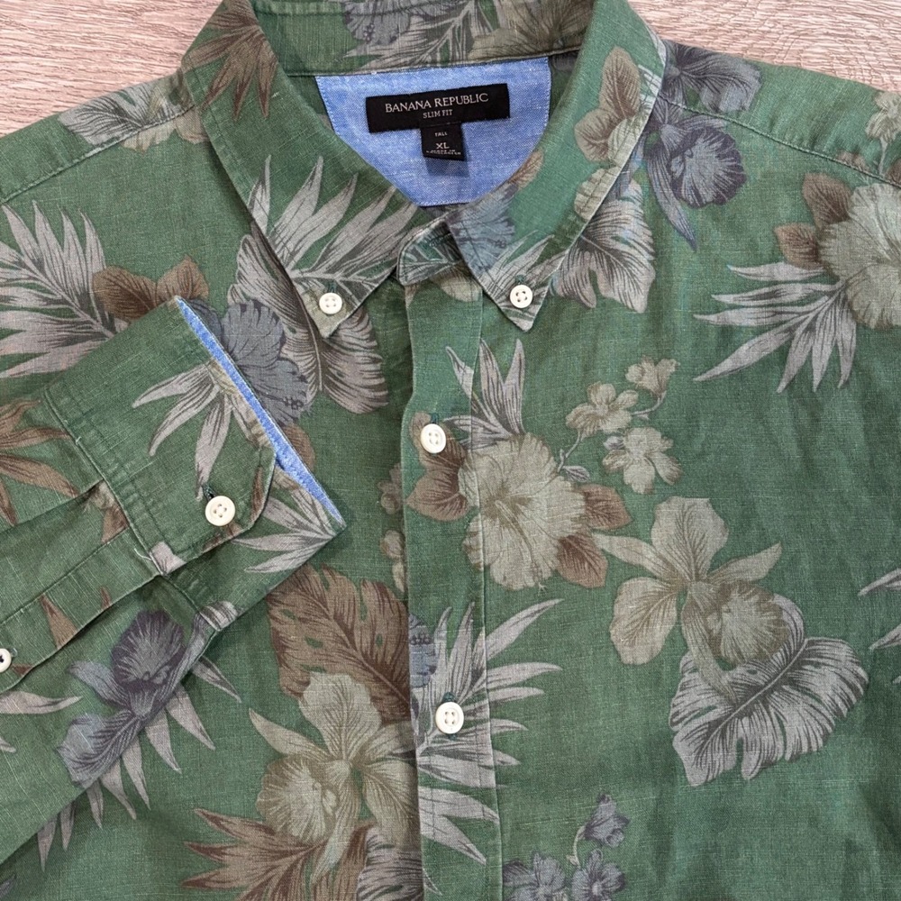 Banana Republic Button Down Shirt Mens XL Tall Green Floral Linen Blend Slim Fit
